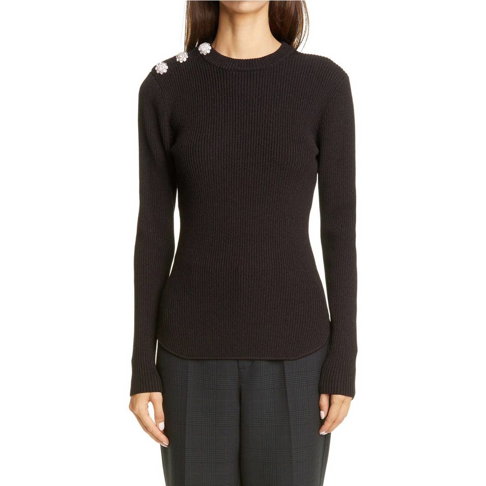 Ganni Melange Ribbed Sweater Rhinestone Crystal Button Shoulder S
